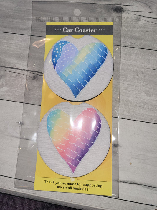 Blue & Rainbow Heart Car Coasters